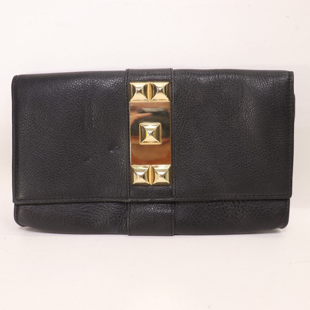 Vince Camuto Leather Clutch Black Gold Tone Studded Magnetic Flap Envelope